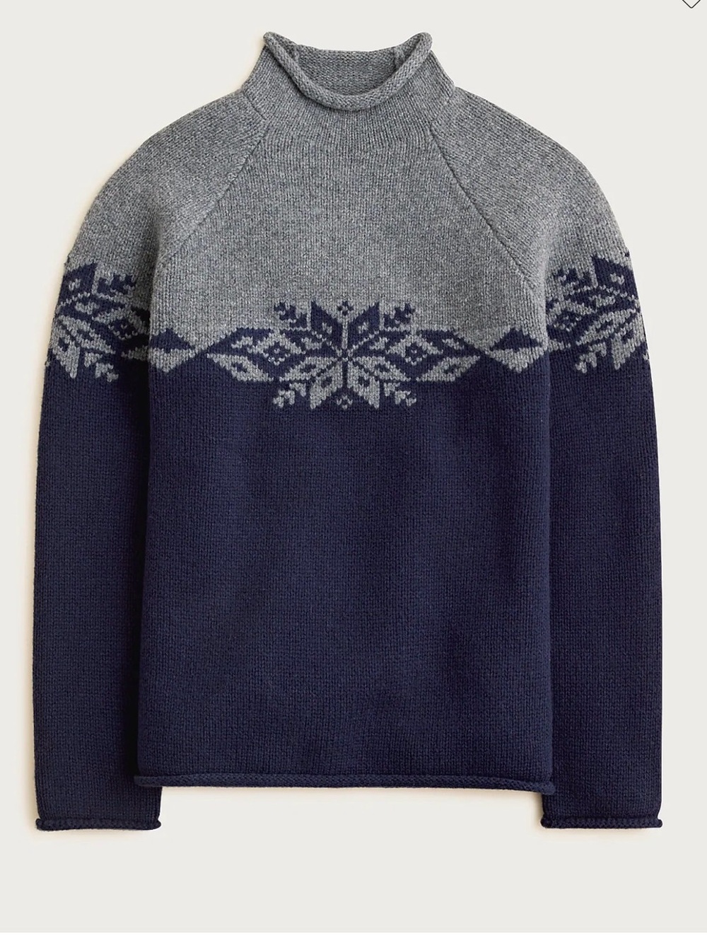 J. Crew Fair Isle Rollneck Sweater —
100% Lambswool (Men’s L / Women’s XL)